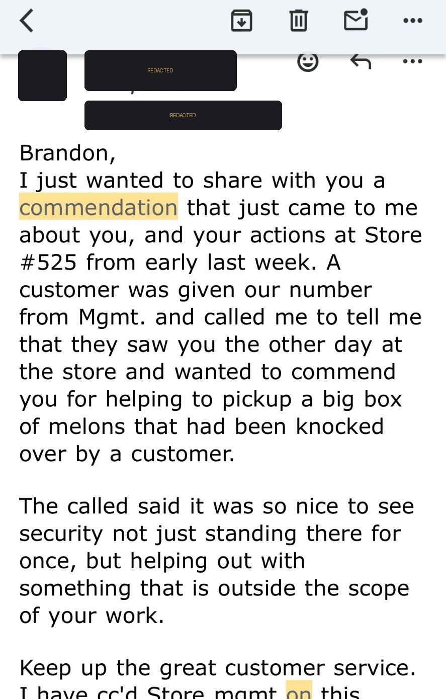 Redacted email commendation praising a Summit Force officer for helping a grocery store customer