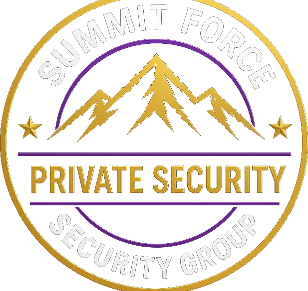 Summit Force Security Group seal glowing like a moon over the Sacramento night sky