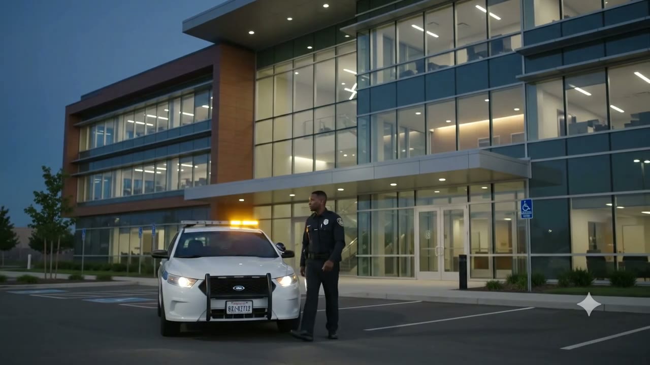 Summit Force patrol vehicle arriving at a commercial building at dusk