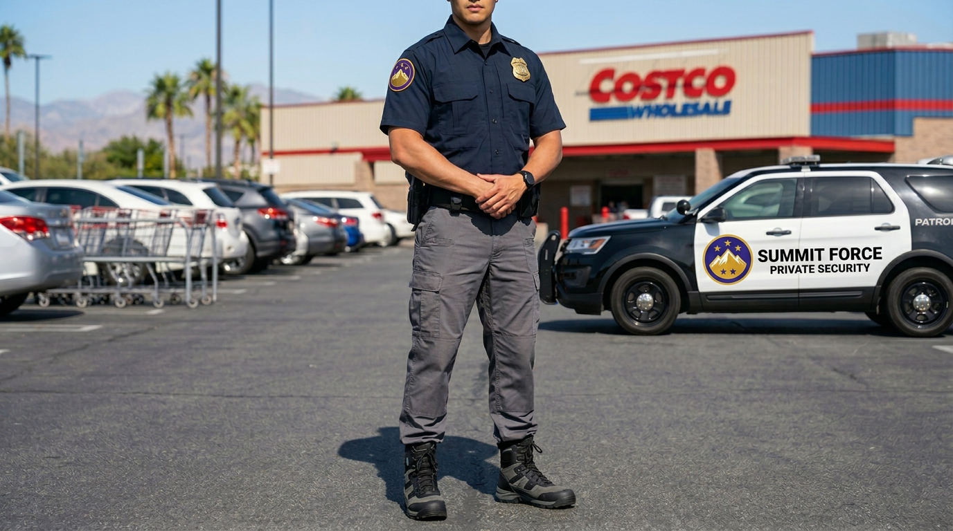 Summit Force security officer on duty in the Costco parking lot beside a marked Summit Force patrol SUV