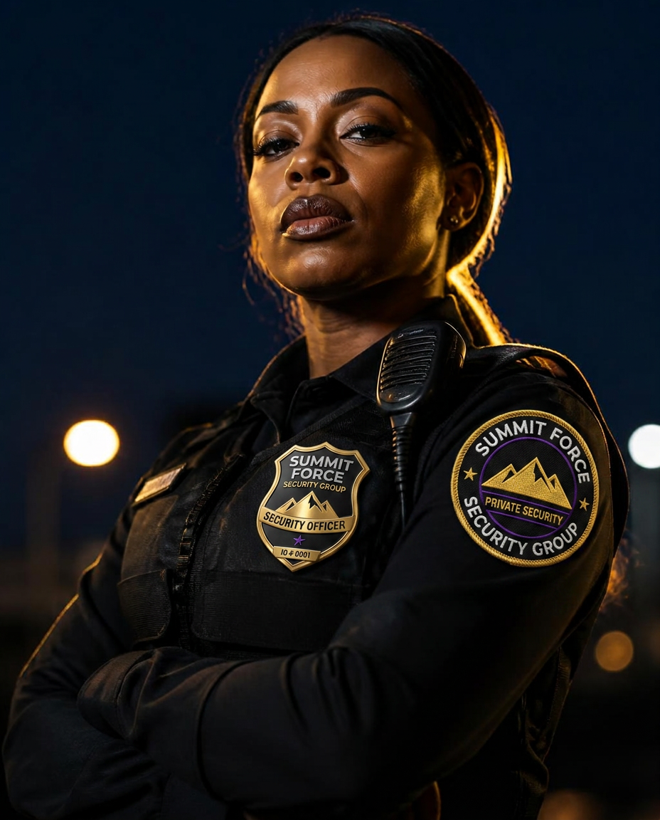 Summit Force female security officer on duty at night